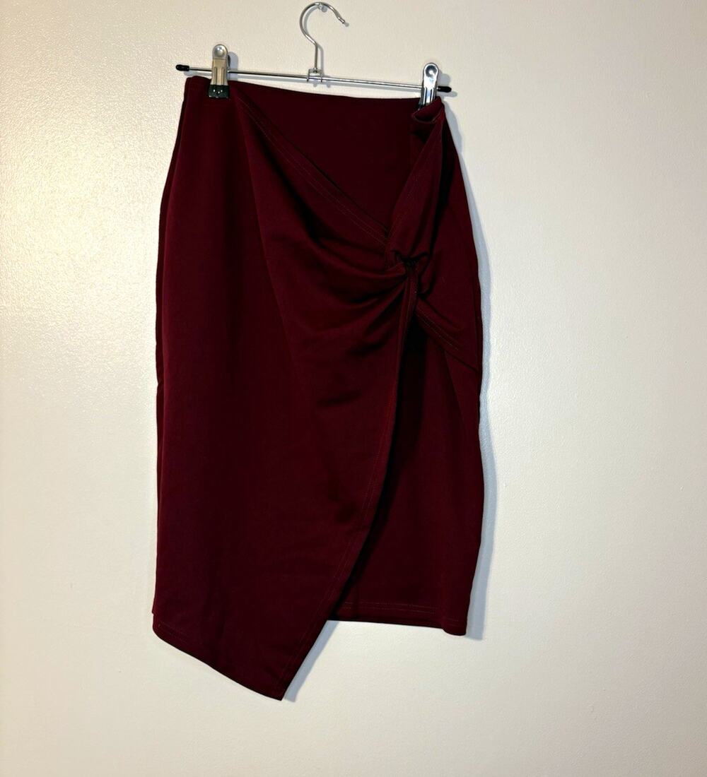 Kate Kasin Burgundy Draped Solid Pencil Skirt Womens Size S Regular Knee Length